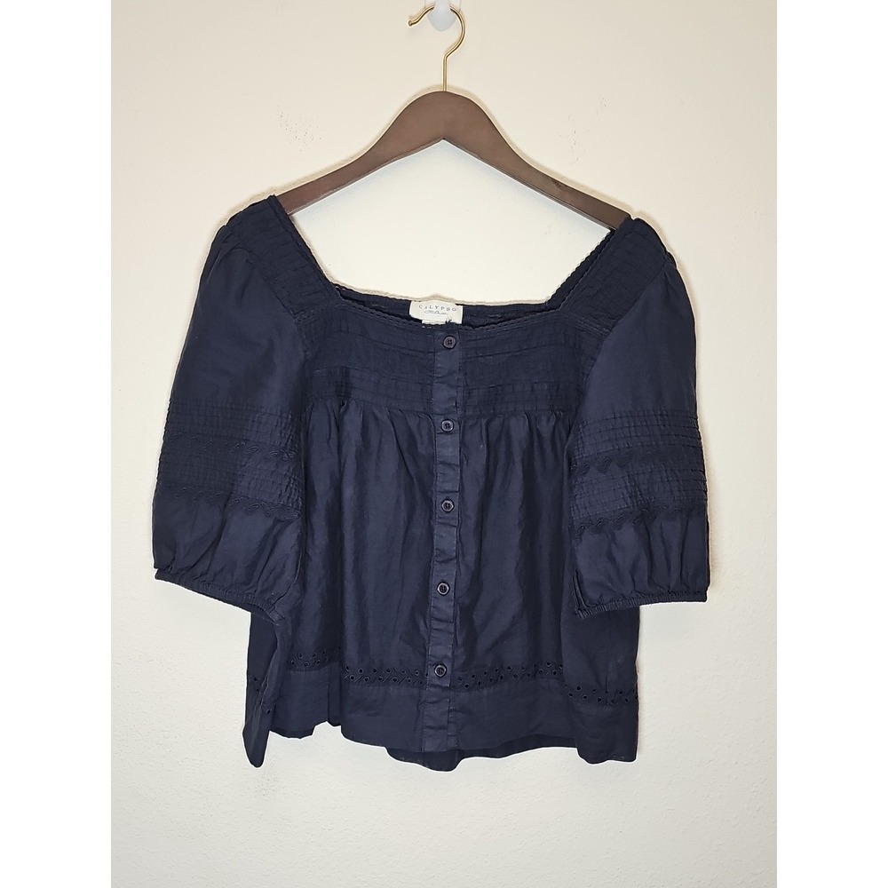 Calypso St Barth Navy Blue Eyelet 100% Cotton Button Up Top Blouse Shirt XL